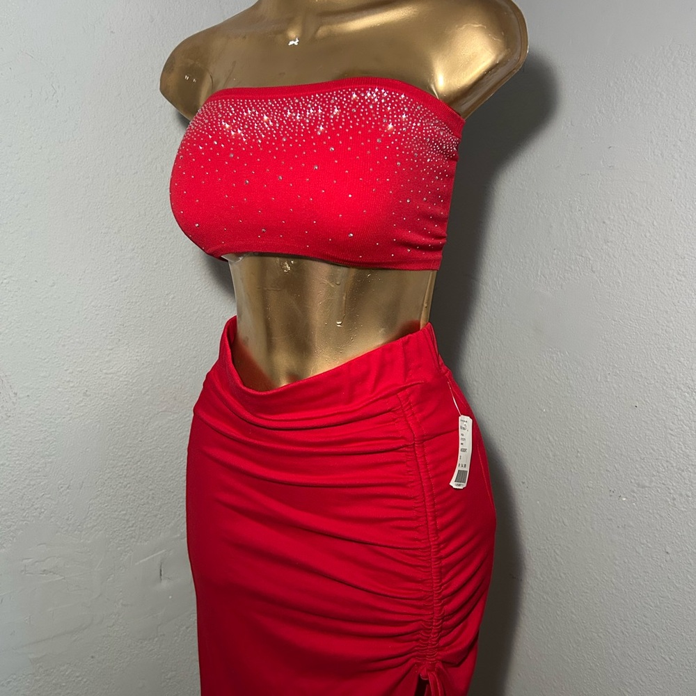Red Strapless Rhinestone Top and Skirt Set